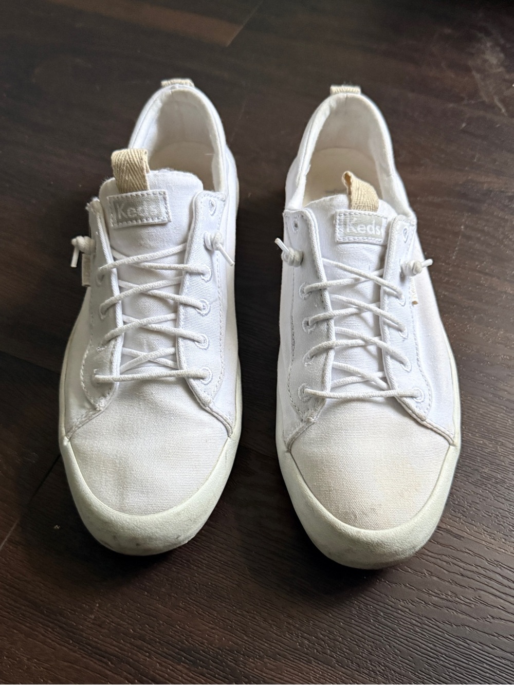 Keds Woman’s White Canvas Low-Top Sneakers with Tan Pull Tabs